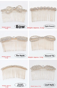 Detail view of sparkling rhinestone hair combs in gold finish with various bow and floral designs