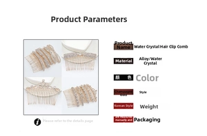 Detail view of champagne gold rhinestone hair combs with bow and crown designs