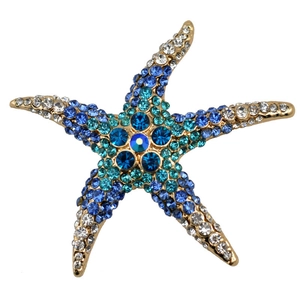 Detailed close-up of a luxury starfish brooch with blue and white sparkling rhinestones