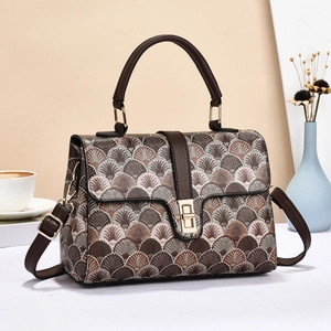 Classic patterned small square shoulder bag with brown leather and gold swivel lock