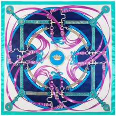 Detailed equestrian print scarf with horse bits and leather straps in vibrant silk finish