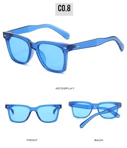 Detailed views of blue transparent square sunglasses with gold arrow studs and blue lenses