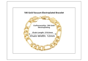 Dettaglio del bracciale Figaro largo 12mm, lungo 210mm con placcatura in oro 18 carati