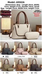 Detailed size specifications for woven tote bag and clutch set with multiple color options