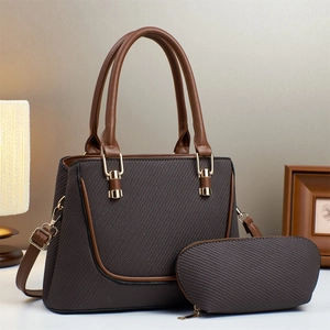 Coffee brown tote bag set with textured fabric and leather straps for women