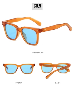 Detailed views of amber square sunglasses with blue lenses and gold star rivets