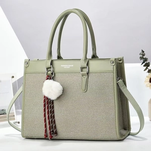 Women Tote Bag PU Leather Fabric Patchwork Large Capacity Shoulder Handbag With Fur Ball Charm Fashion Crossbody Bag