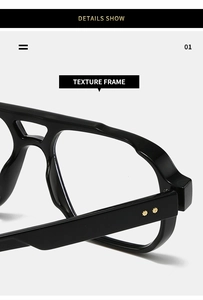 Detail of black retro square glasses frame with golden star rivet and double bridge design