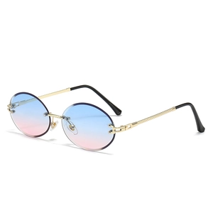 Rimless oval sunglasses with gradient blue-pink lenses and twisted golden metal temples