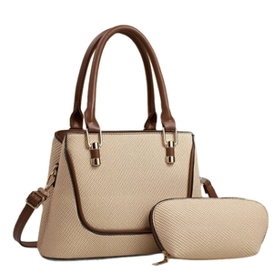 Straw tote bag set with brown leather trim and matching zipper pouch for women