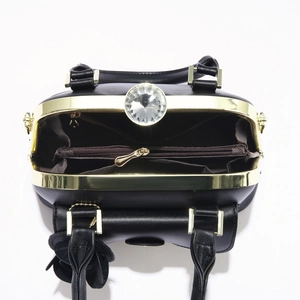 Detail of black handbag with gold frame, crystal clasp and internal zipper compartment