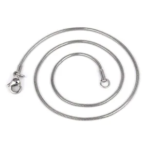 Close-up of silver snake bone chain necklace with detailed lobster clasp and round weave