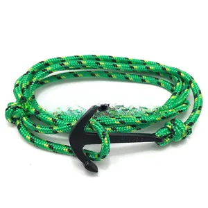 Detail of multi-color nautical paracord bracelet with black matte anchor clasp
