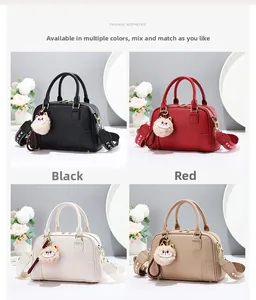 Detailed grid of four stylish PU leather handbags in black, red, white, and khaki tones