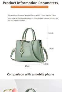 Detailed size chart and internal structure layout for the light green heart charm handbag