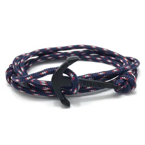 Multilayer nautical bracelet with red blue grey cord and black VIKINGS anchor clasp