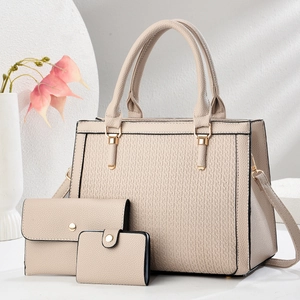 Three-piece beige macaron handbag set with woven embossing and golden metal hardware