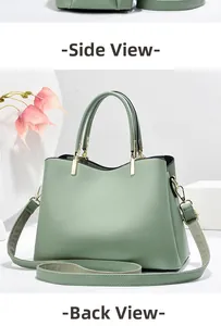 Detailed side and back view of sage green leather handbag with gold hardware