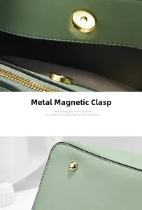 Close-up of magnetic snap closure and gold zippers on mint green pebble leather handbag