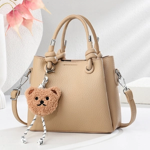Elegant khaki lychee pattern shoulder bag with handle knot and cute bear pendant