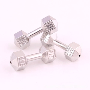 Detail of matte silver zinc alloy dumbbell pendants with FIT LIFE engraved lettering