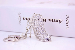 Macro shot of silver metal hollow-out high heel stiletto keychain with keyring detail
