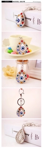 Teardrop evil eye keychain detail with colorful rhinestones and honeycomb metal back