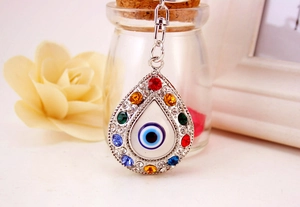 Detailed shot of evil eye keychain with silver frame and colorful rhinestones on accessories