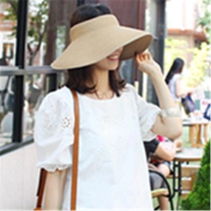 Women's light beige straw visor hat with large brim for summer outdoor sun protection