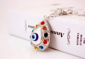 Macro detail of silver evil eye keychain with multi-colored rhinestones on white background