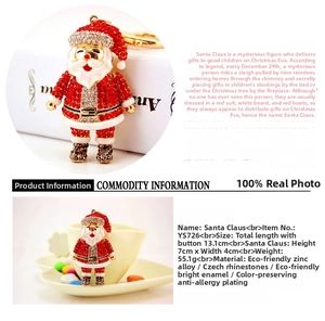 Detailed view of rhinestone Santa Claus keychain with dimensions and weight specs