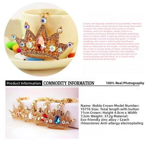 Close-up of golden crown keychain with colorful rhinestones and product measurements