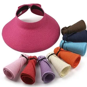 Women Straw Sun Visor Hat Foldable Wide Brim Beach Summer UV Protection Empty Top Braided Bow Travel Cap For Lady Girls