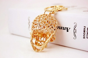 Detail of gold metal skull keychain with intricate hollow lattice design on white book