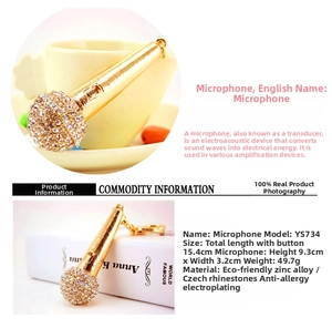 Detailed view of rhinestone microphone keychain with dimensions and alloy material specs
