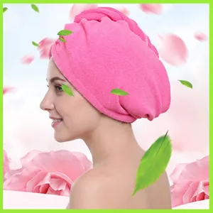 Absorbent pink microfiber hair drying towel cap for women with wrap-around design