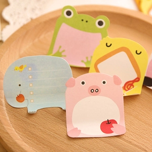 Cute cartoon animal sticky notes featuring frog, chick, elephant and pig designs on wood