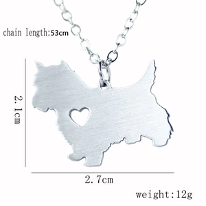 Stainless steel Westie dog pendant necklace with hollow heart and brushed finish texture