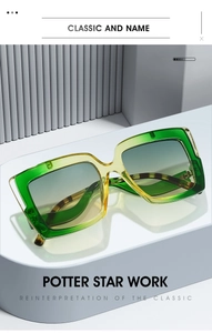 Detail of oversized square sunglasses featuring two-tone transparent frame and gradient lenses
