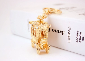 Detail of a golden alloy pumpkin carriage keychain with inlaid rhinestones on a white book