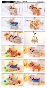 Macro view of Scottie dog keychains with rhinestones and lobster clasp in multiple colors