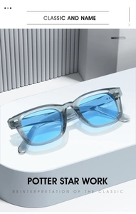 Detailaufnahme der quadratischen, grauen, transparenten Sonnenbrille mit blauen Gläsern
