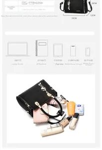 Detailed size chart for black checkered handbag showing 25x12x20cm dimensions and capacity