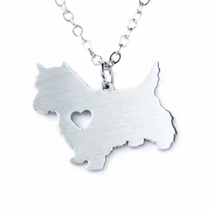 Scottie Dog Pendant Necklace Stainless Steel Brushed Heart Hollow Out Pet Animal Jewelry For Women