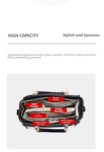 Top view of high-capacity black leather bag with multiple internal zipper compartments
