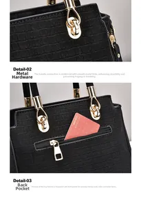 Detail of black crocodile texture handbag with golden hardware and rear zip pocket