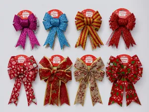 Detailed grid of 25cm glitter Christmas bows in various colors and holiday patterns