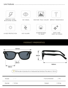 Detaillierte Größentabelle und Merkmale der quadratischen Unisex-Polarisationsbrille