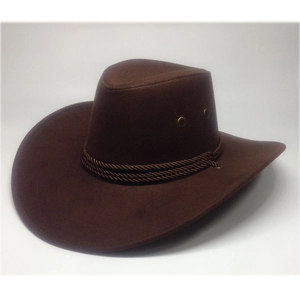 Classic dark brown suede western cowboy hat with wide brim and woven decorative band