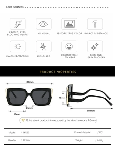 Detailed size specifications for square frame sunglasses with UV400 protection features
